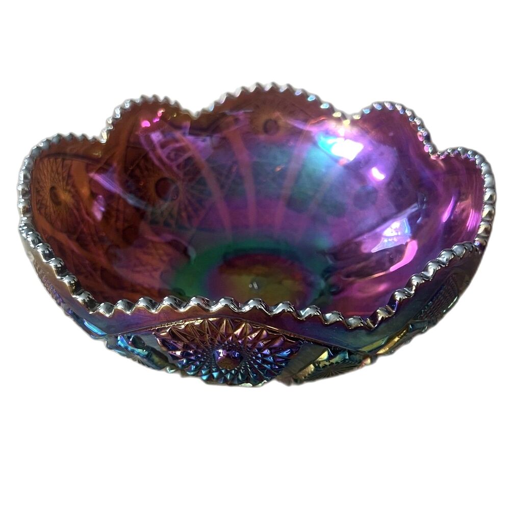 1960 Vintage Imperial Amethyst Purple Smoke Carnival Glass Bowl Heirloom Pattern